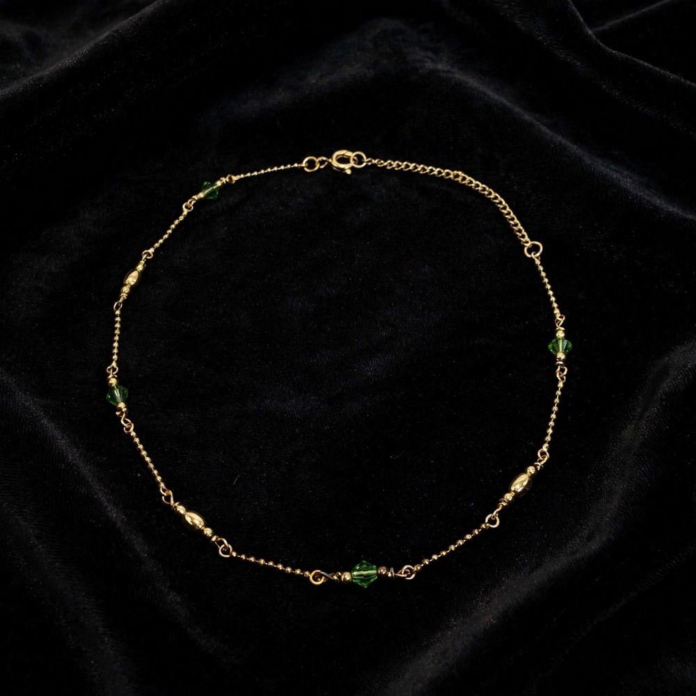 Vintage 925 Sterling Silver Gold Over Green Crystal Beaded Anklet 10.5 Inch